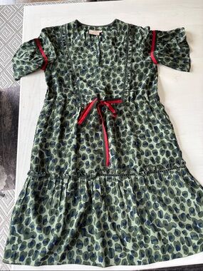 Green Leopard-Print Midi Dress with Red Trim and Tie